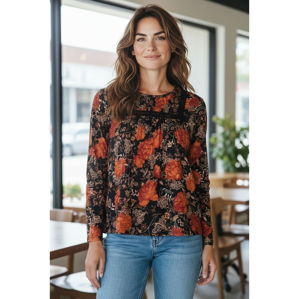 NWT Maurices Womens Size small Black Spring Floral Pleasent Blouse Shirt